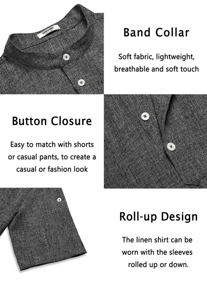 COOFANDY Men's Casual Henley Shirt Short Sleeve Band Collar Linen Shirt Summer Beach Hippie T-Shirts Dark Gray - Image 5